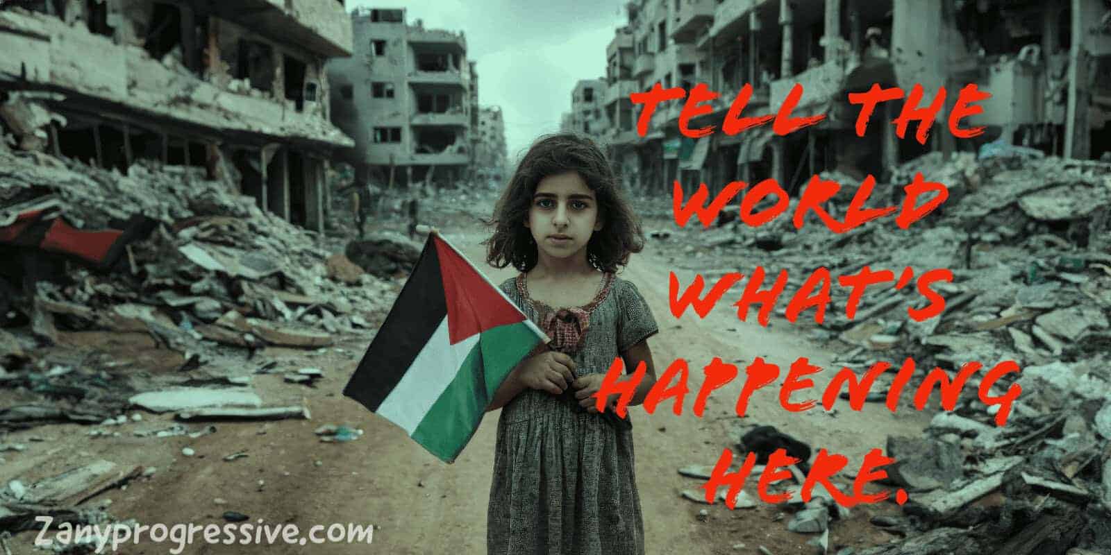 14202ad8 51cd 4a3e 8226 5cb9d4358903 Hostage a palestinian girl standing amidst rubble holding the palestinian flag