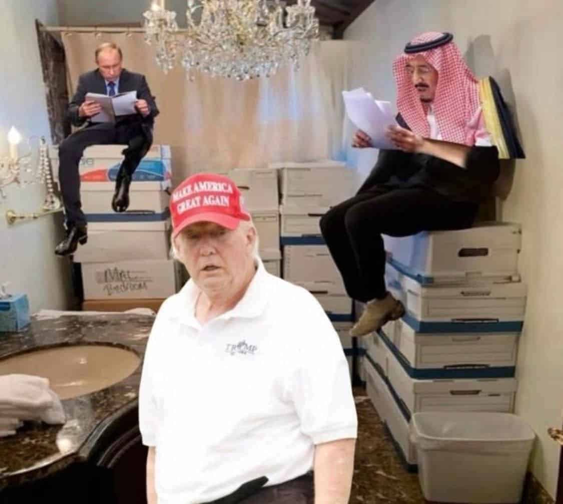 img 6466 Steal classified documents meme of trump looking old in his golf shirt and maga hat in the bathroom where classified docs were stored. Leaders of saudi arabia and russia are sitting on stacks of boxes reading classified documents