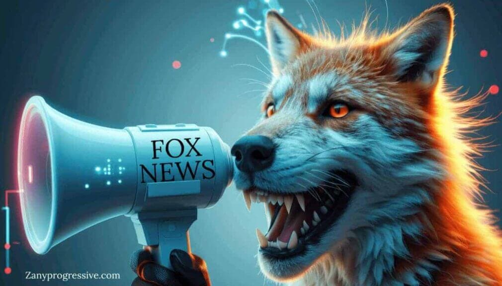 cdd3c366 a172 4350 873c 134b194da20c Divided nation a rabid-looking fox yelling into a megaphone with fox news on it