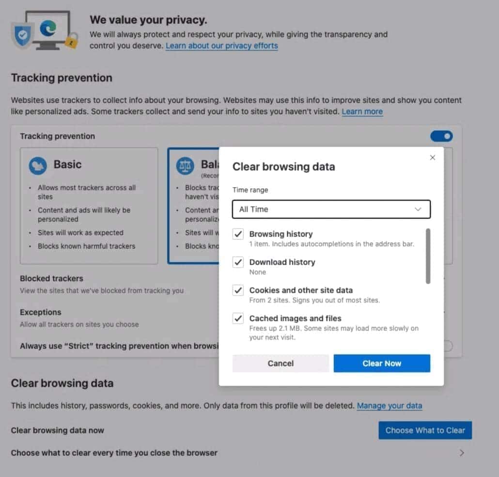 img 7252 Screenshot of the privacy settings in the microsoft edge browser