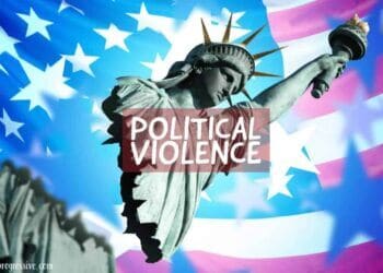 6a09e3b8 b301 417e ae82 3c7515dfbff8 Political violence in the us graphic with a us flag background and a statue of liberty breaking in half.