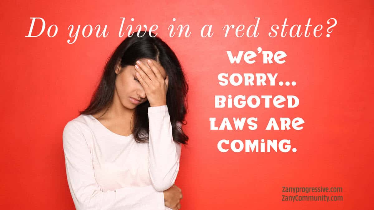 Woman with long dark hair looking painfully upset in a white sweater and jeans with a red background