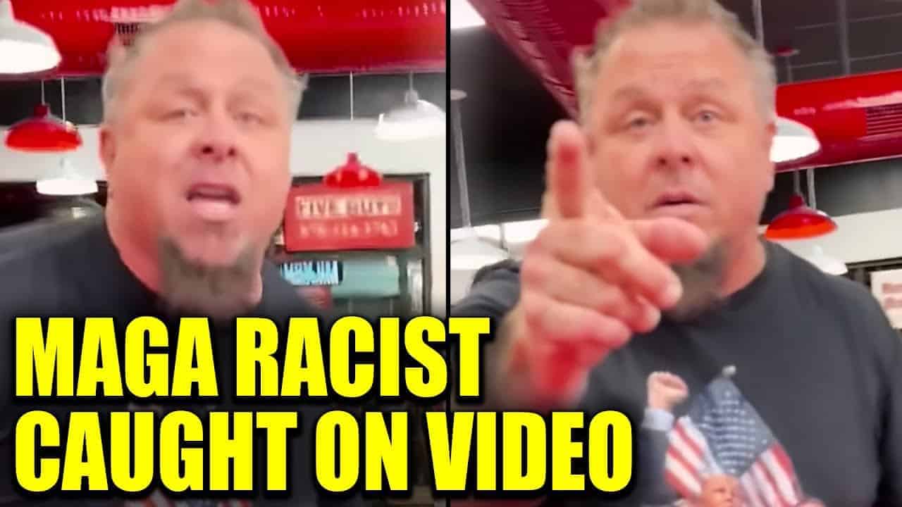 A man in a trump t-shirt yelling at the person recording him.