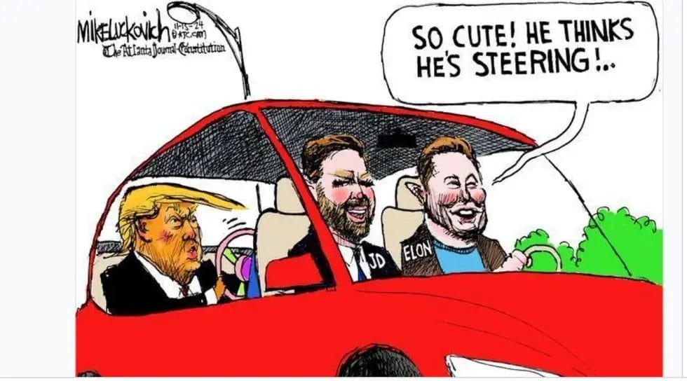 img 9037 Billionaires in the trump administration political cartoon showing musk and vance driving with trump in the back seat.