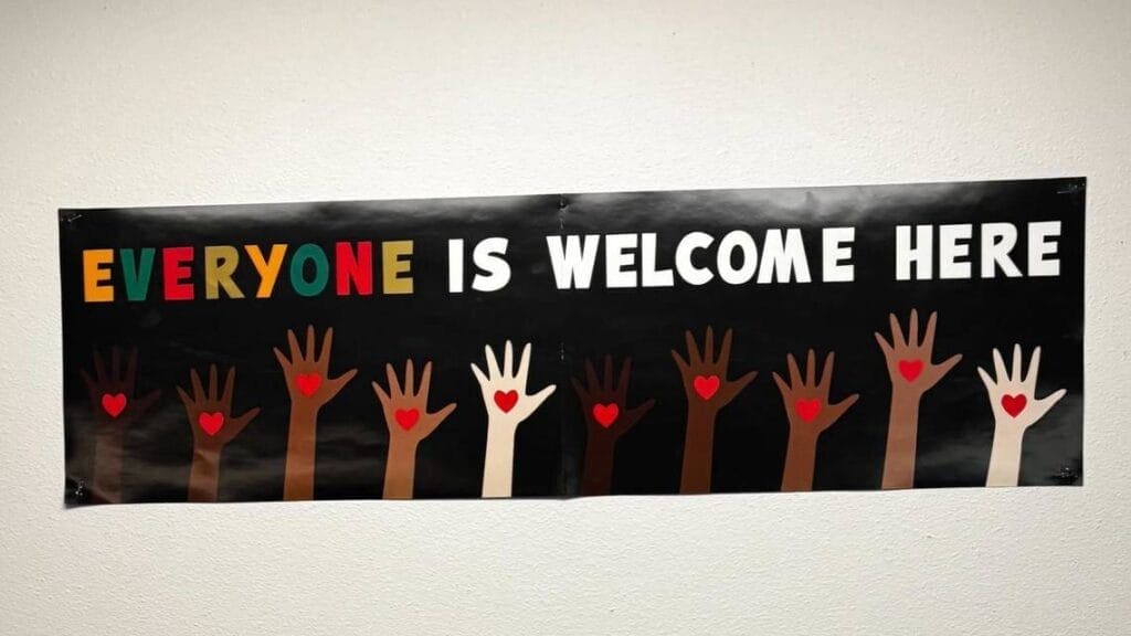 everyone welcome here Republicans are racist for seeing this everyone is welcome here sign in a classroom as divisive.