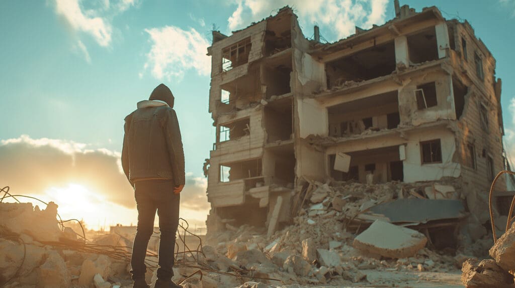 A man stands in an empty city, looking at a building reduced to rubble in war