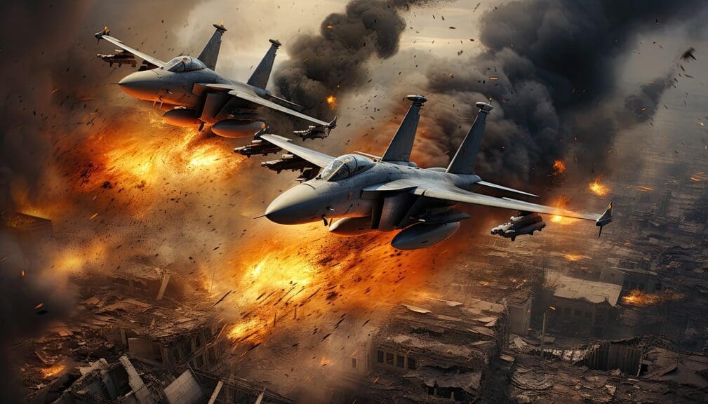 amrulqays maarof planes bombing Planes flying over a city and dropping bombs. Ai-generated