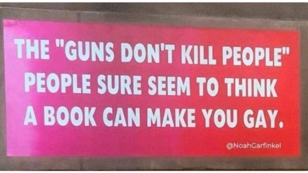 Pink bumper sticker about book bans