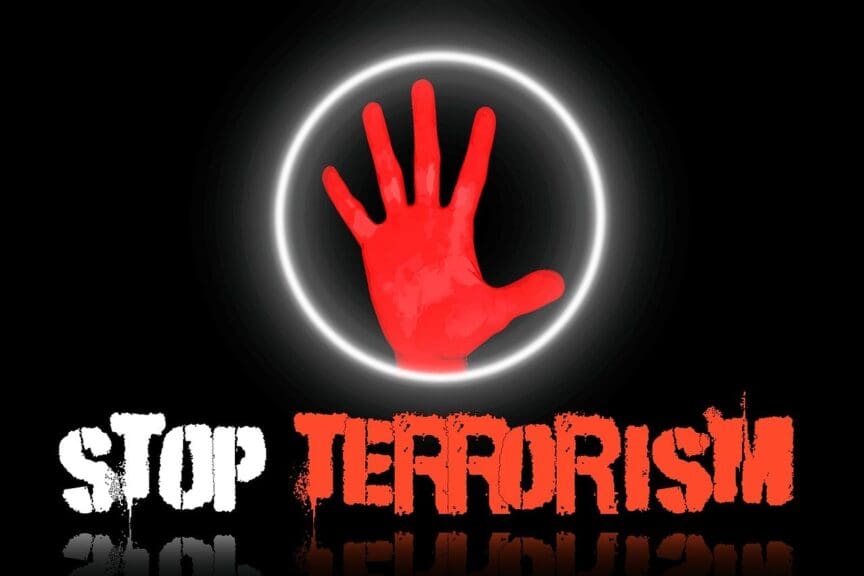 Stop terrorism banner. Neocons view the middle east as a cesspool full of terrorists.