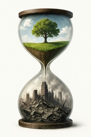 climate change timer Hourglass with before climate change on top and a destroyed city on the bottom.