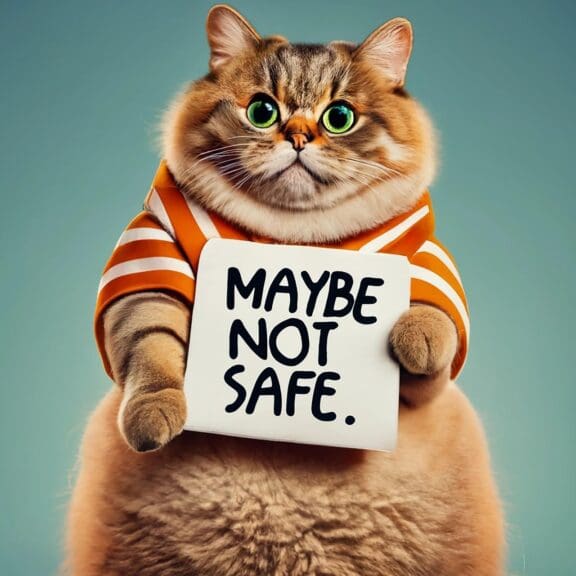 fat orange cat not safe sign A fat orange cat in a striped sweater holding a sign about it not being safs