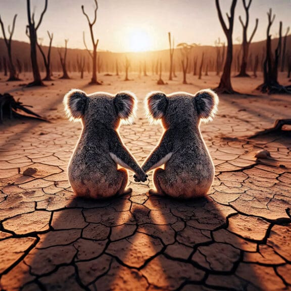 koala buddies face destruction of their habitat Two koala bears hold hands as they look at their habitat destroyed by climate change denialism and drought.