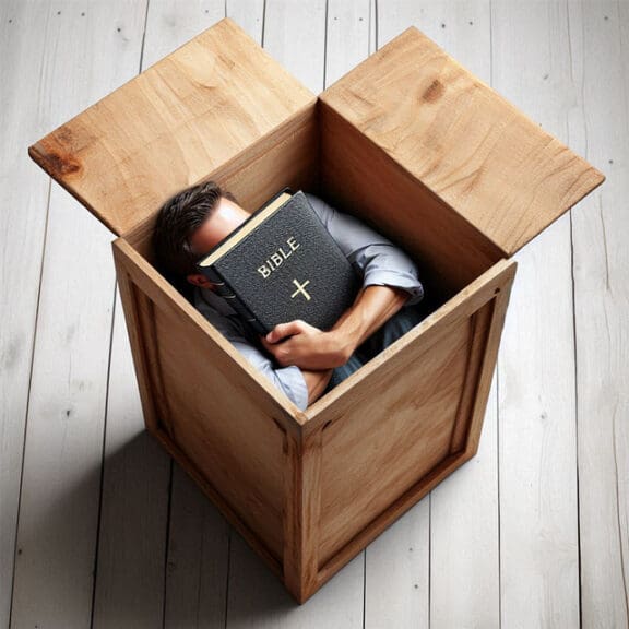 bible man box Man hiding in a wooden box clutching a bible