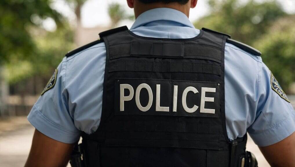 A policeman from behind with police on his bulletproof vest.