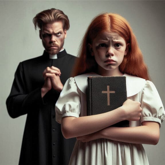 christian nationalism Christian nationalism represented in an ai-generated image of a pastor with an evil expression standing behind a scared young girl, clutching her bible.