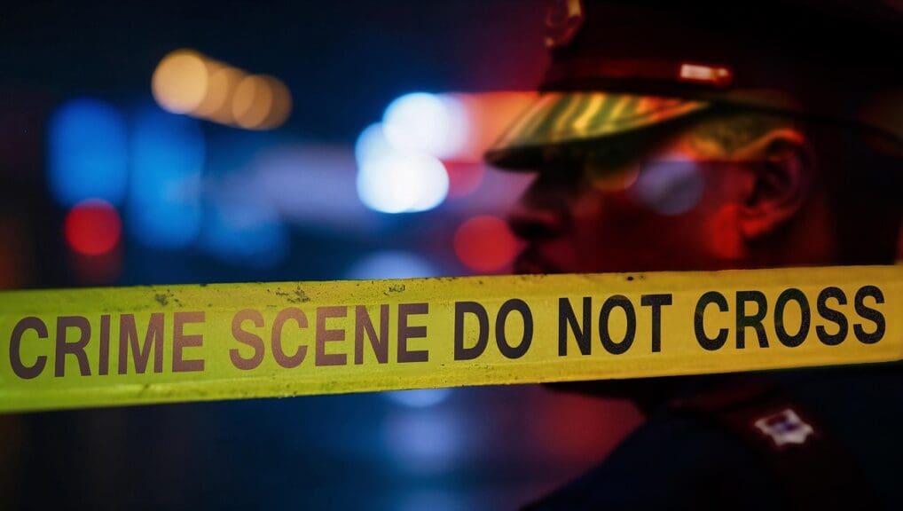 Police state yellow crime scene tape with a police officer standing behind it.