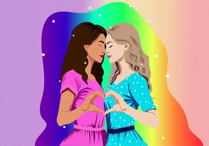 lesbian love Myths about the lgbtq+ community. Illustration of two women with foreheads touching, their hands forming a heart, on a rainbow background.