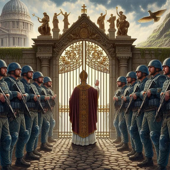 pope army The pooe standing at a gate with soldiers lined on each side