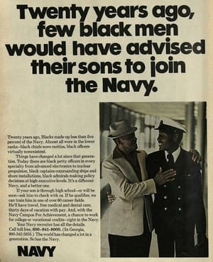 recruiting print ad Diversity in the military shown in a navy ad from ebony magazine in 1976.