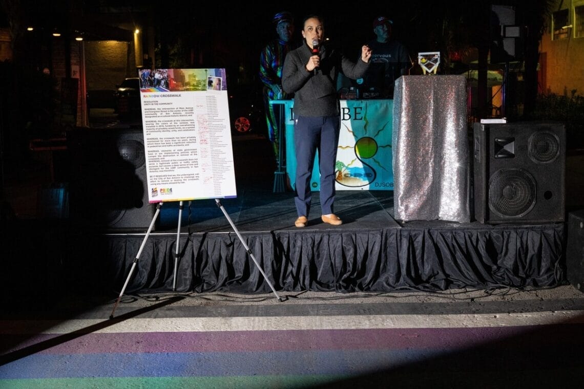 tx rainbow crosswalks Tx mayor speaking at the site of a rainbow crosswalk.